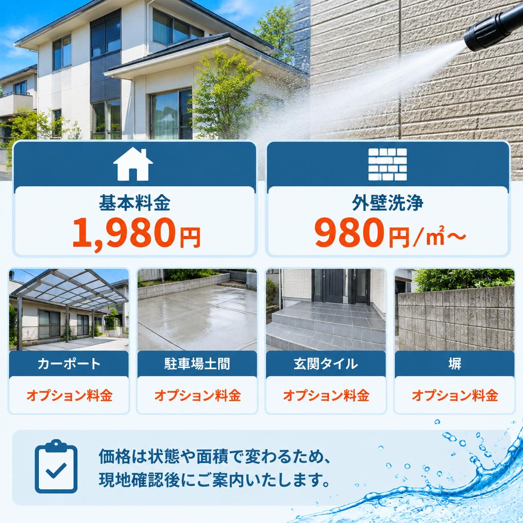 外壁洗浄は1㎡980円〜。気になる場所だけでも相談OK