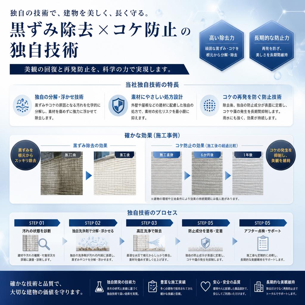 黒ずみ除去とコケ防止の技術