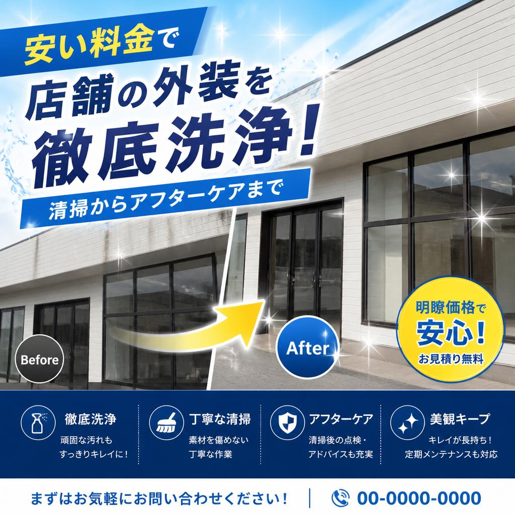 安い料金で店舗の外装を徹底洗浄！清掃からアフターケアまで