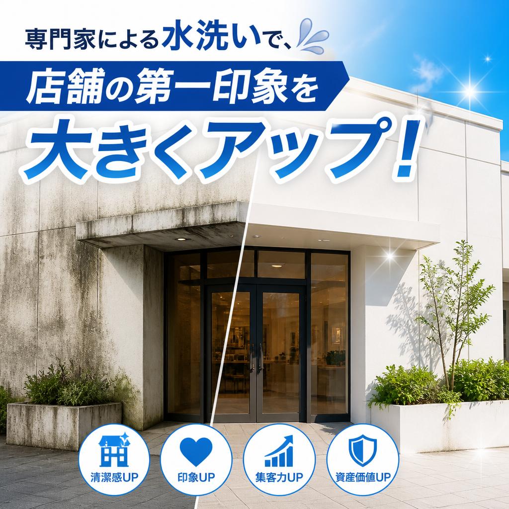 専門家による水洗いで、店舗の第一印象を大きくアップ！