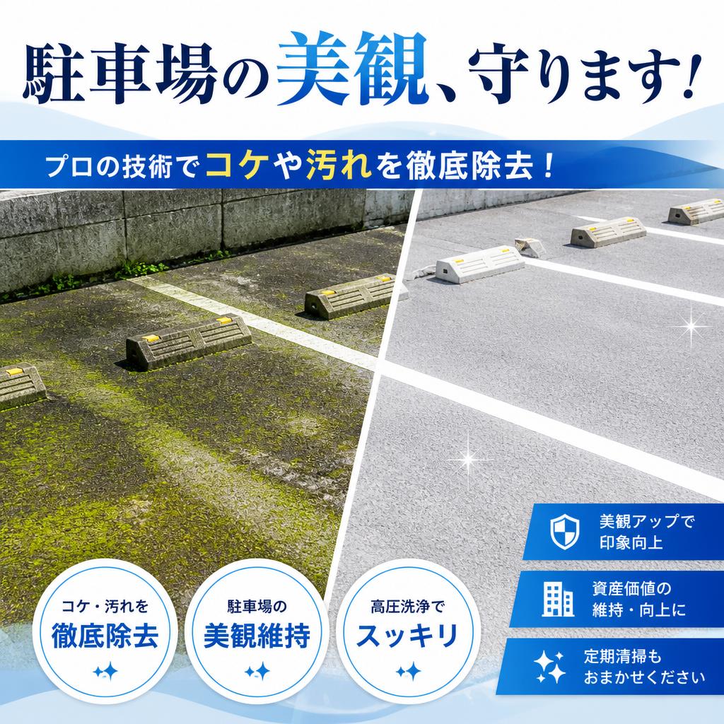 駐車場の美観、守ります！ プロの技術でコケや汚れを徹底除去！