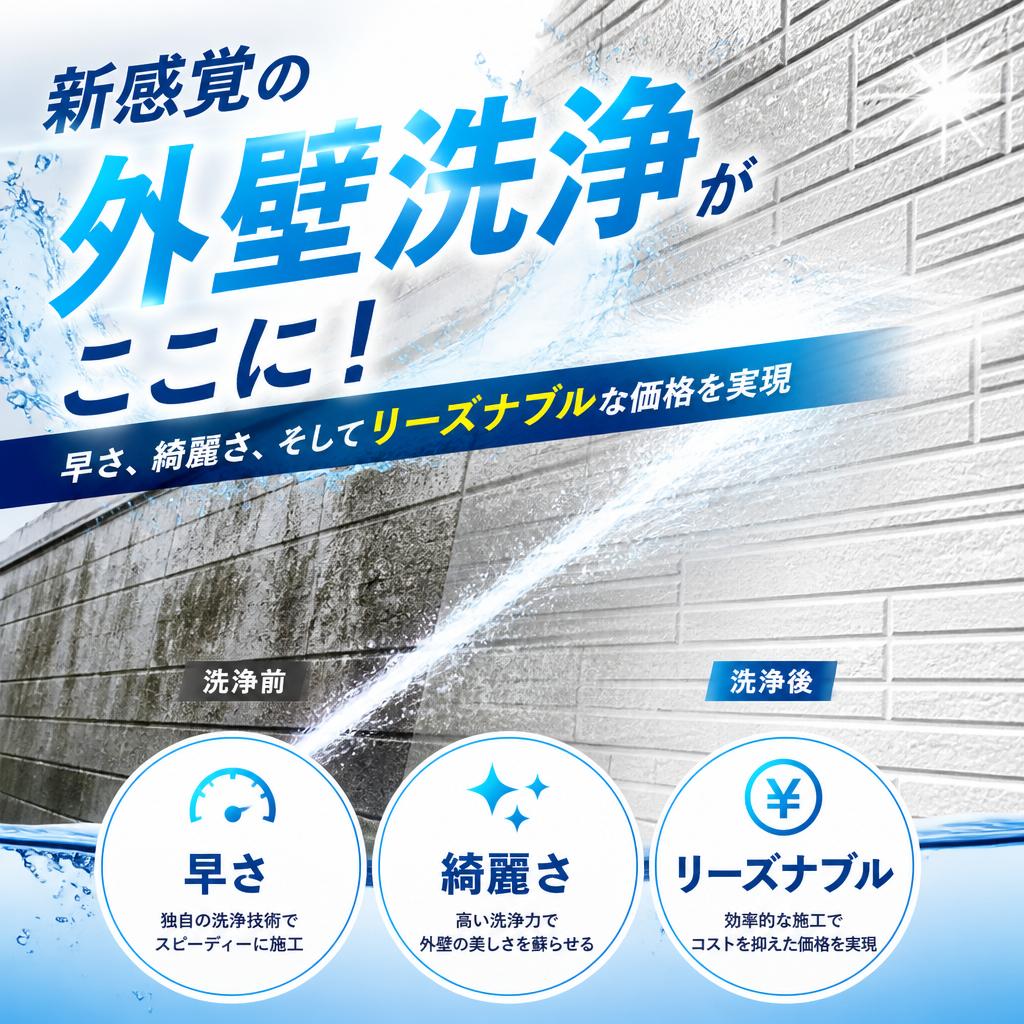 新感覚の外壁洗浄がここに！早さ、綺麗さ、そしてリーズナブルな価格を実現